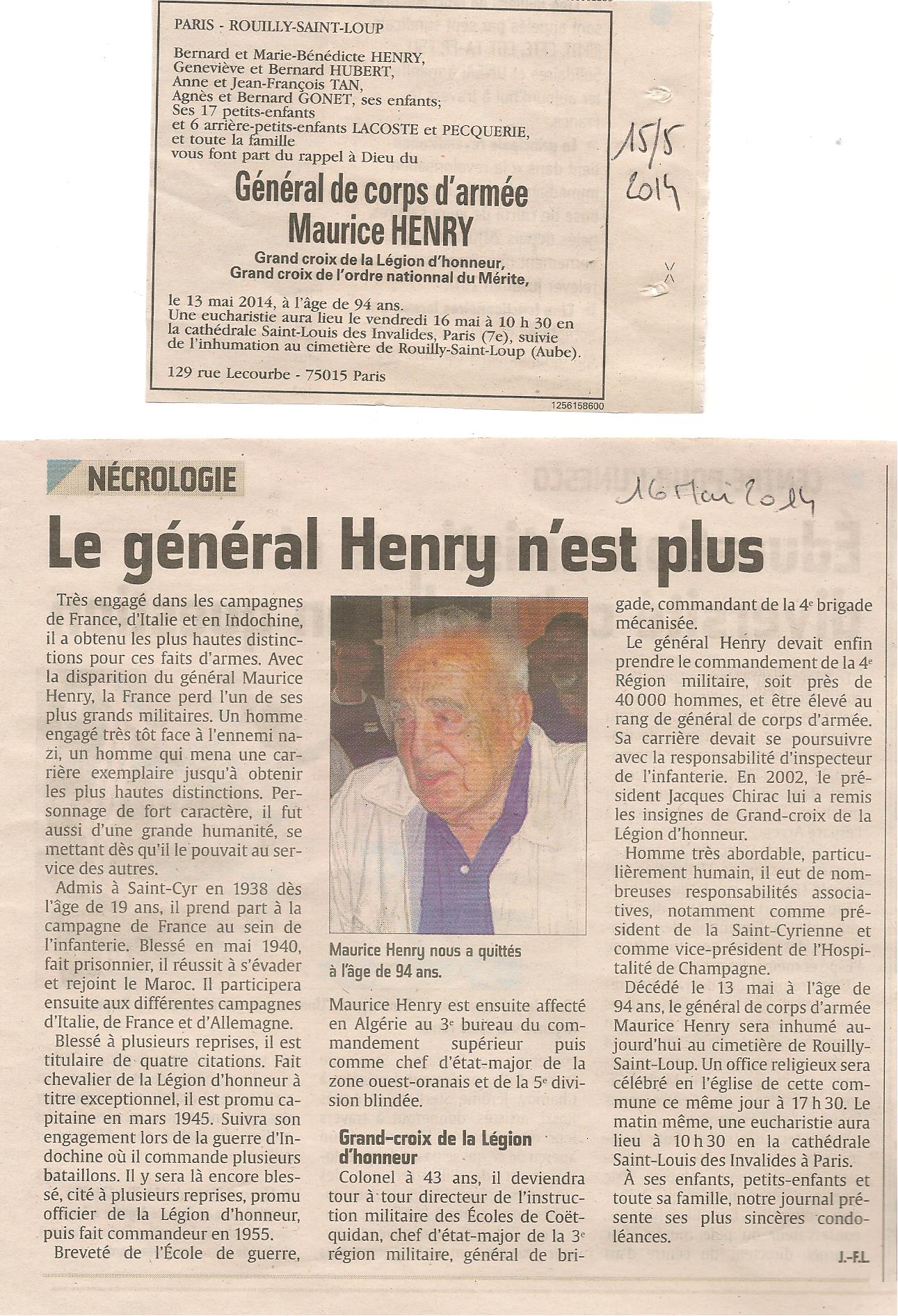 Décès du Général Henry maurice H8ki