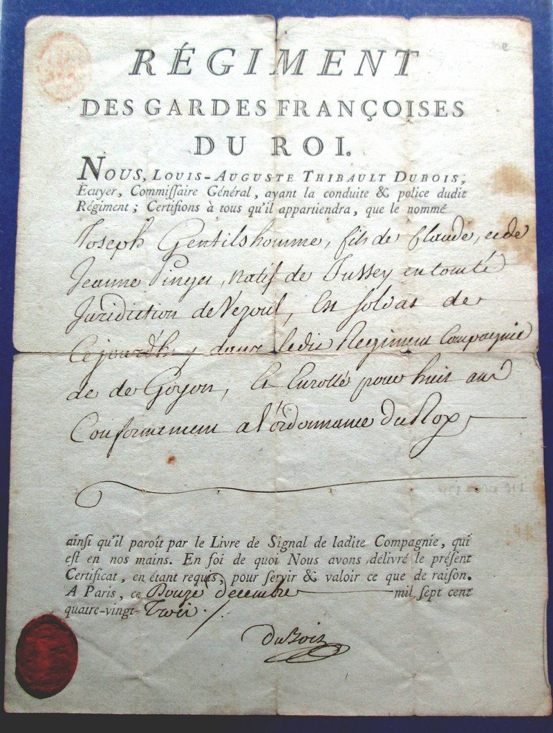 Engagement d'un  soldat aux Gardes Françaises 1783 178e