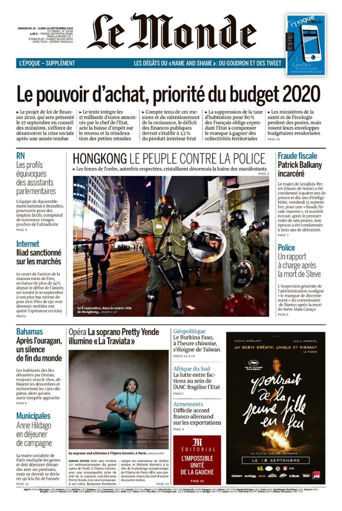 Le Monde Du Dimanche 15 & Lundi 16 Septembre 2019