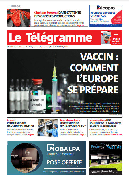 Le Télégramme (3 Éditions) Du Mercredi 9 Septembre 2020