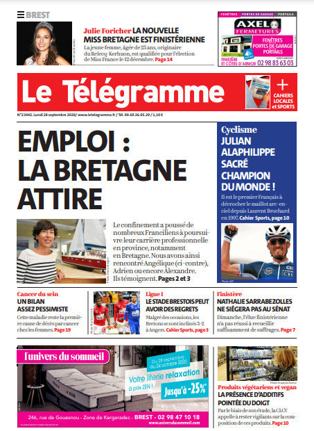 Le Télégramme (3 Éditions) Du Lundi 28 Septembre 2020