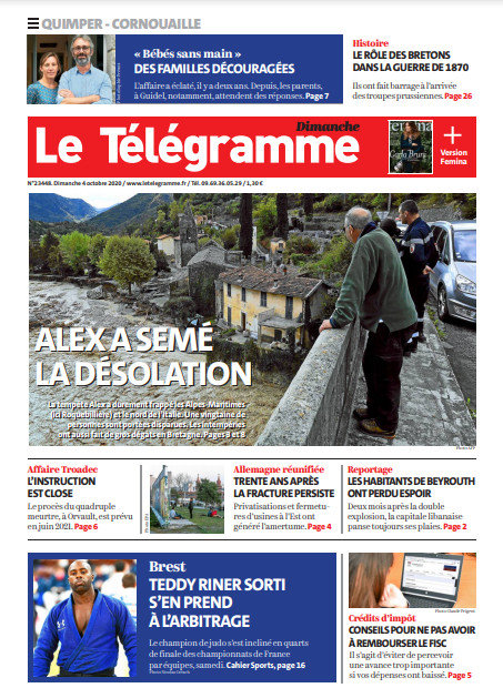 Le Télégramme (3 Éditions) Du Dimanche 4 octobre 2020