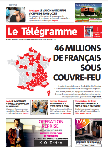 Le Télégramme (3 Éditions) Du Vendredi 23 Octobre 2020