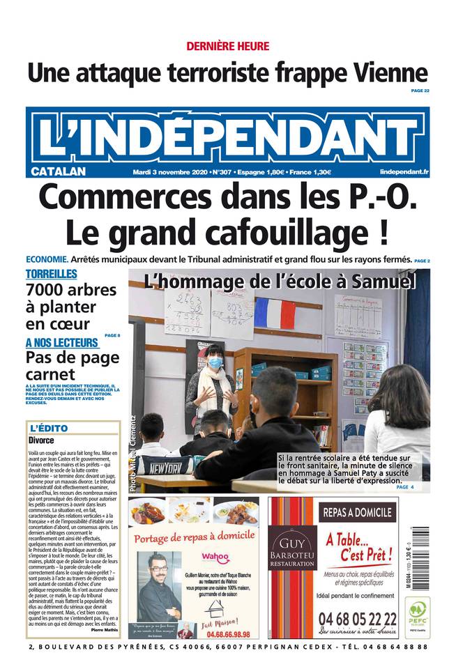 L'Indépendant (3 Éditions) Du Mardi 3 Novembre 2020