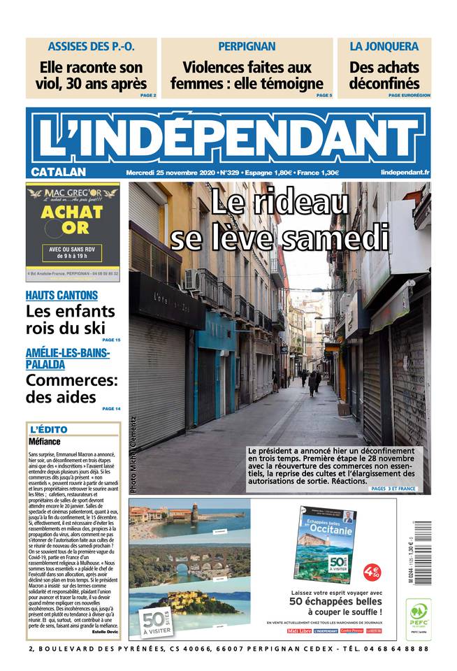 L'Indépendant (3 Éditions) Du Mercredi 25 novembre 2020 