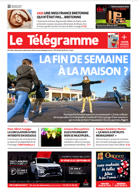 Le Télégramme (3 Éditions) Du Mercredi 16 Décembre 2020