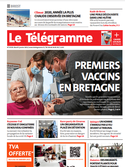 Le Télégramme (3 Éditions) Du Mardi 5 Janvier 2021