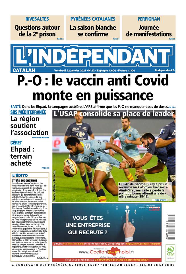 L'Indépendant (3 Éditions) Du Vendredi 22 Janvier 2021