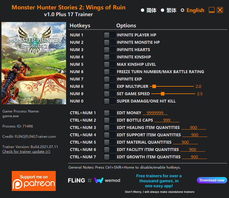 Trainer MONSTER HUNTER STORIES 2: WINGS OF RUINS steam pc 7jp4