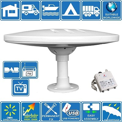 Antenne Omnidirectionnelle TNT DVB-T2 FM DAB Amplifiée Helio Magnet + Alimentation