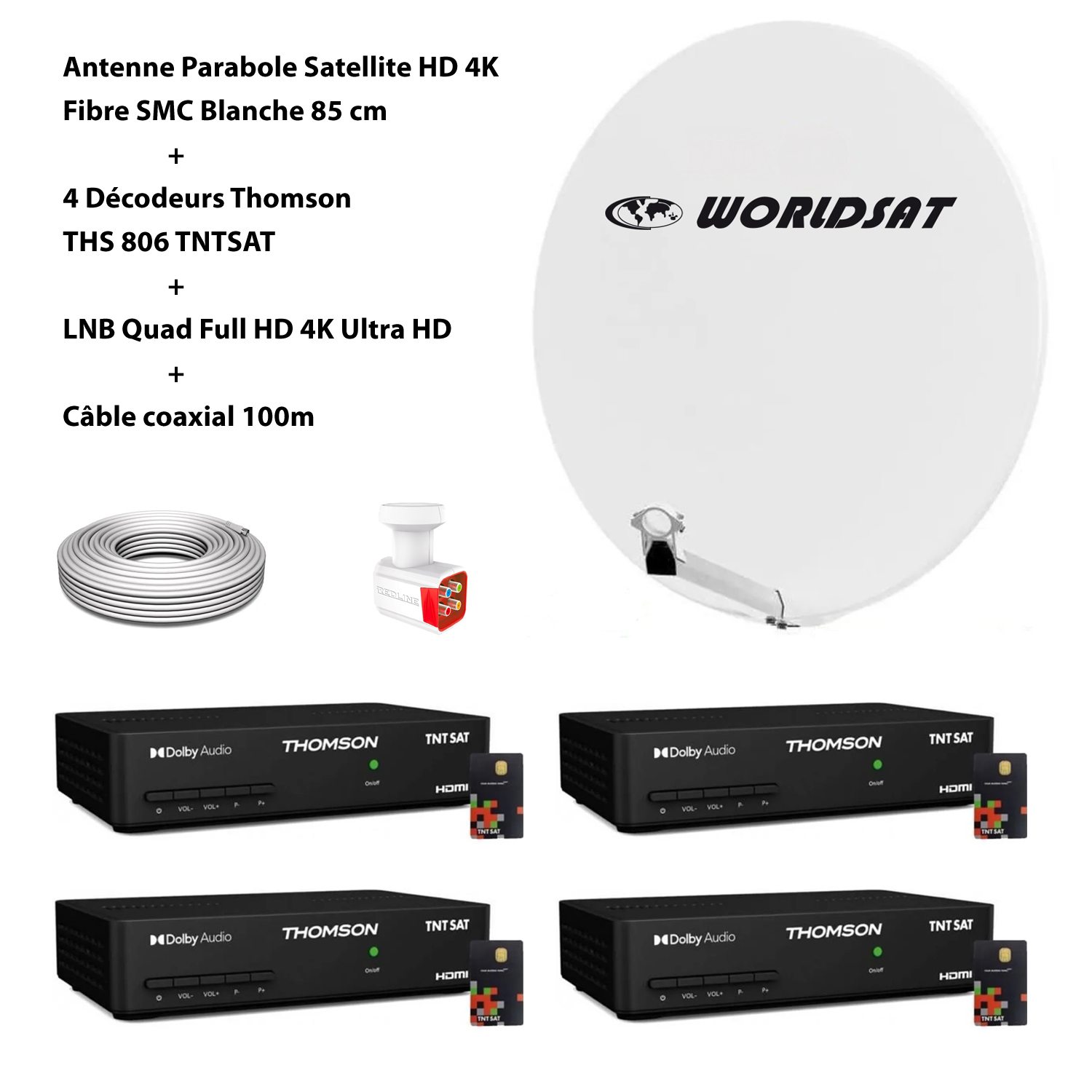 Antenne Parabole Satellite HD 4K Fibre SMC Blanche 85cm WORLDSAT