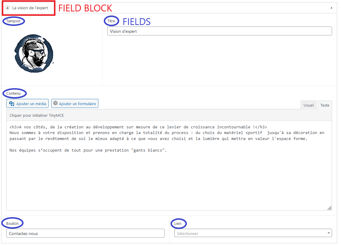 Image of the 'custom block fields' - admin page editing