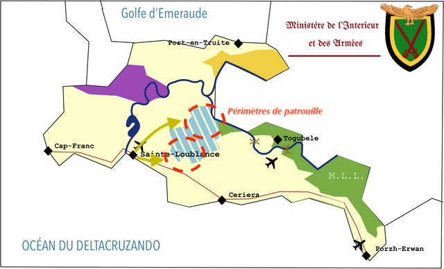 Plan du Gondo avec répartition des périmètres de patrouille des deux drones clovaniens.