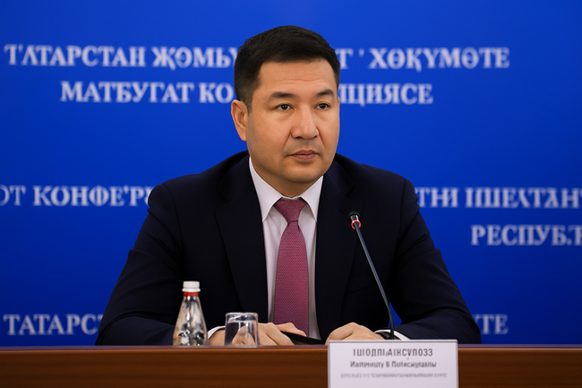 Le porte-parole du gouvernement Rustam Azamat répondant aux questions des journalistes lors d'une conférence de presse tranmise à la télévision d'État.