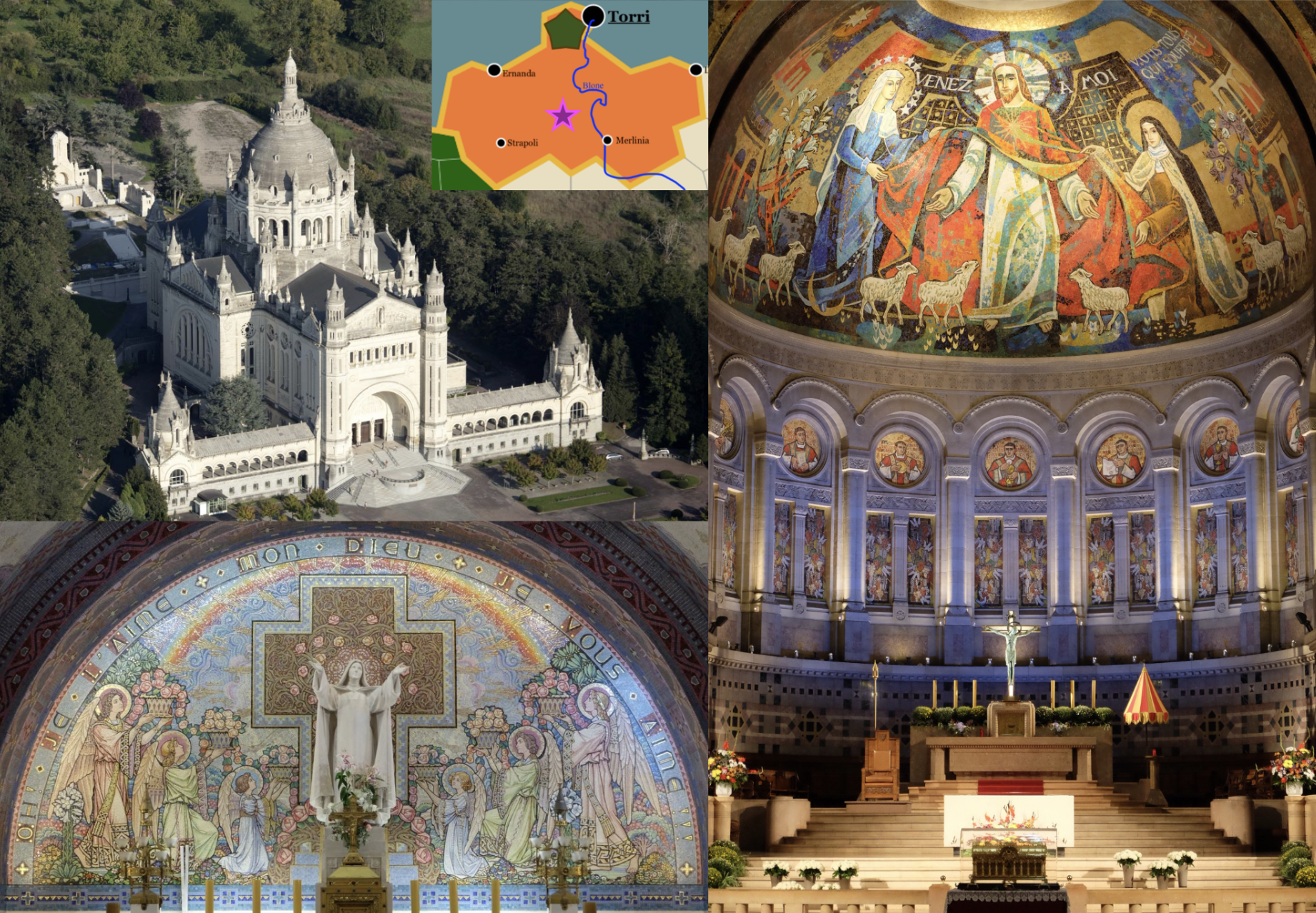 En haut à gauche : Vue aérienne de la Basilica di Suor Celine culminant à cent mètres. En bas à gauche : Autel de la Cappella di Suor Celine. À droite : Autel de la Basilica di Suor Celine entièrement en mosaïque.