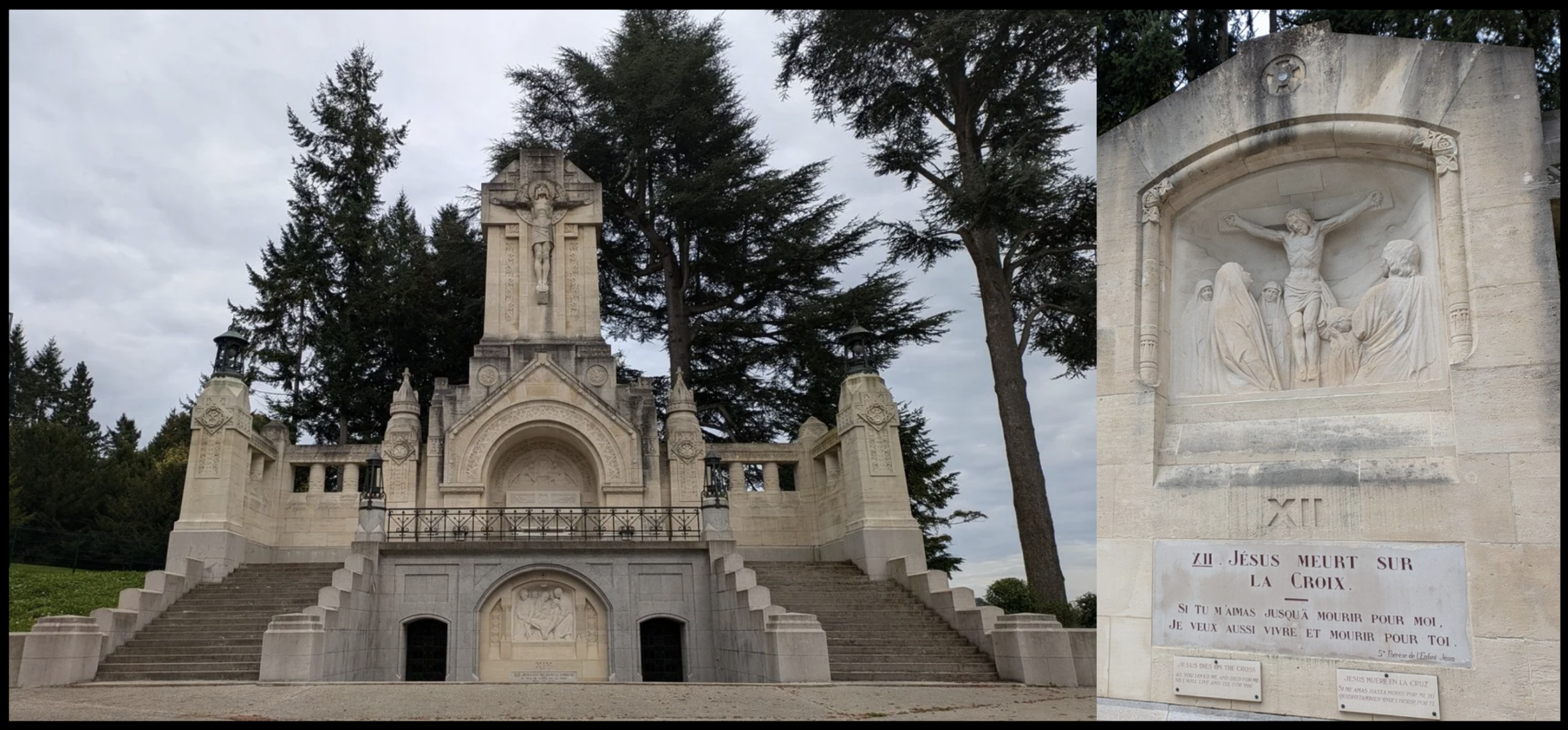 Chemin de croix de la Basilica di Suor Celine. Le chemin de croix se trouve dans la forêt accolée à la basilique. Chaque étape est gravée dans la roche et accompagnée d'une citation de Jesus et d'une citation de la Suor Celine.