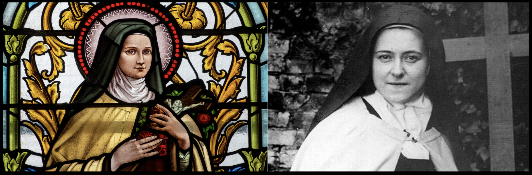 À gauche : Vitrail de la Suor Celine dans la chapelle qui lui est dédiée dans la Basilica di Suor Celine. À droite : Suor Celine à ses 22 ans dans le couvant des soeurs baptistines.