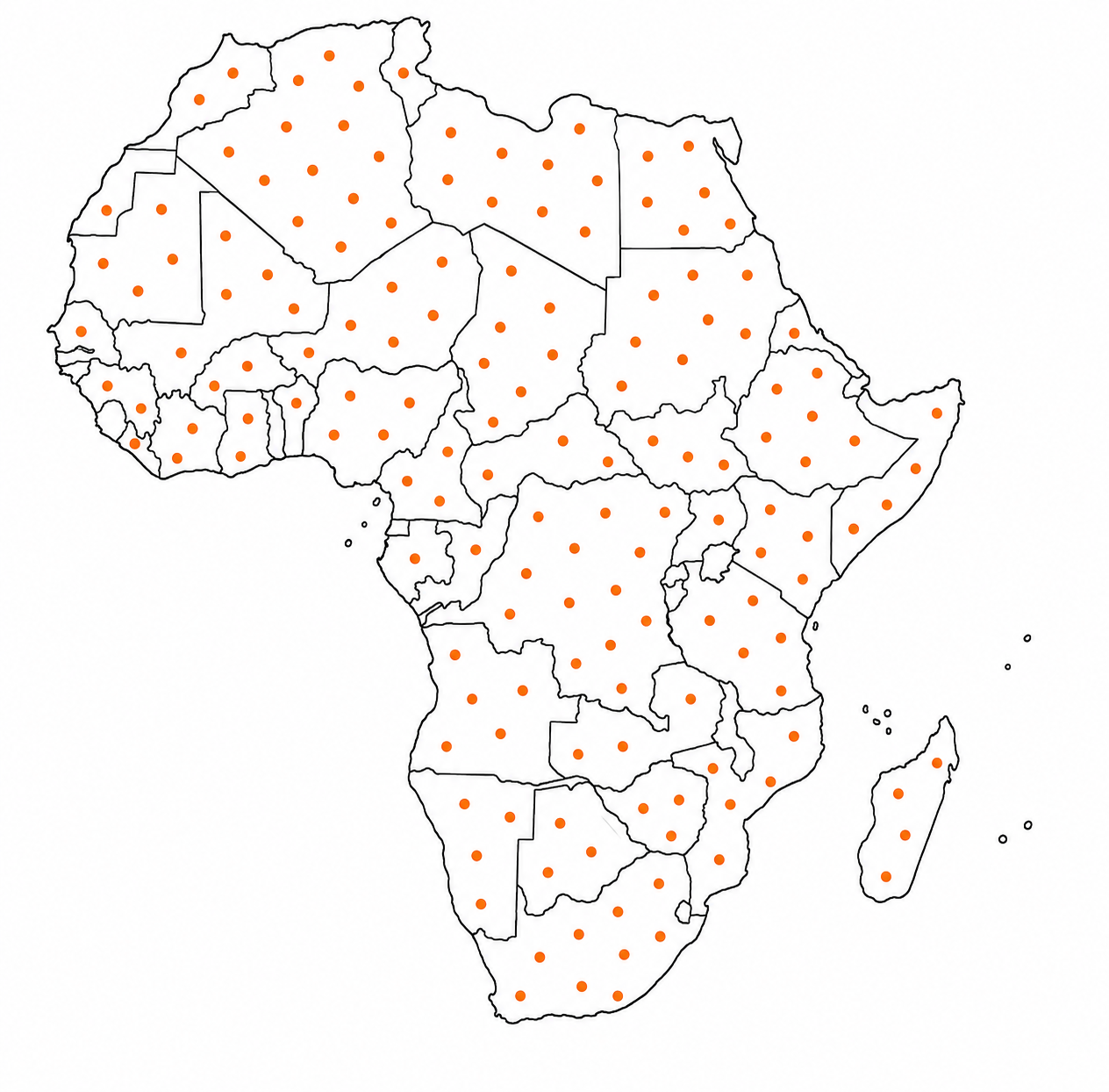 Carte de l'Afrique couverte de points orange : registres déployés et coordonnés