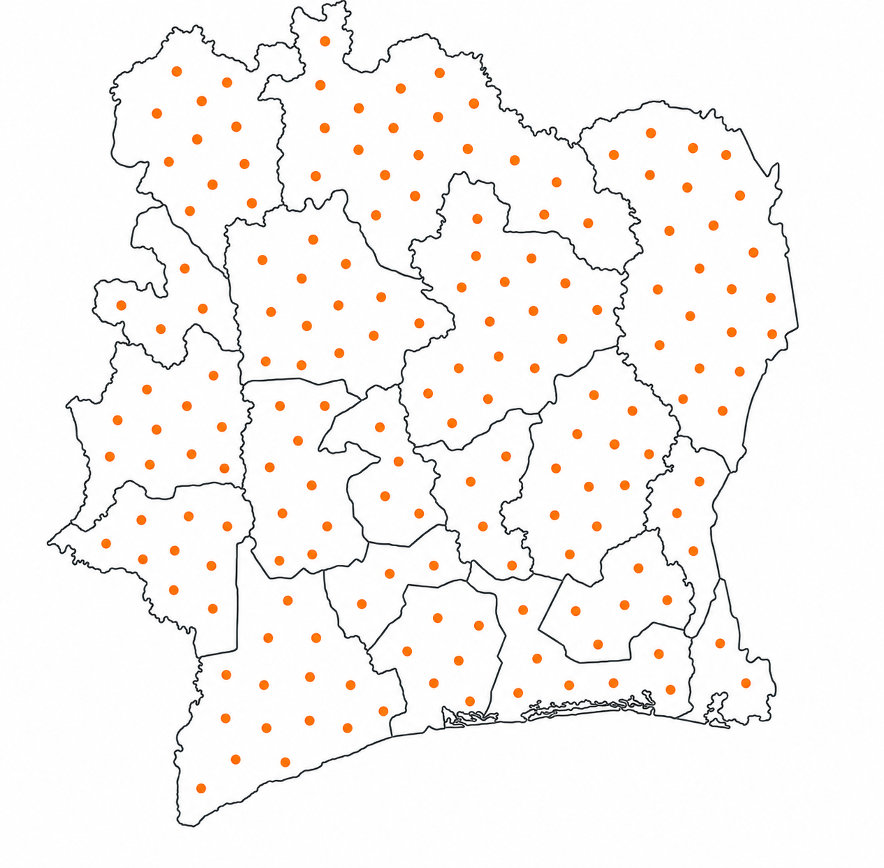 Carte de la zone couverte de points orange : chaque téléphone identifié