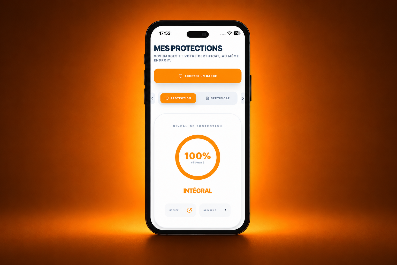 E-VOIR PROTECT, écran « Mes protections », niveau de sécurité intégral
