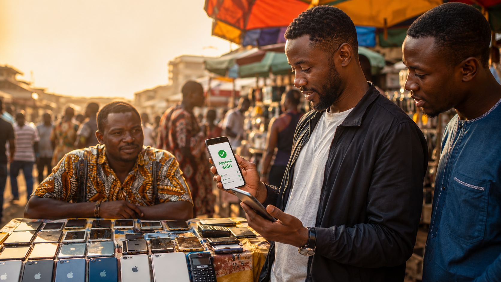 Sur un marché, un acheteur vérifie qu'un téléphone d'occasion n'est pas volé, l'écran affiche « Appareil sain »