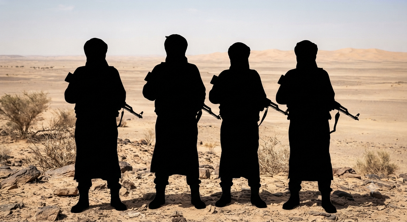 Silhouettes de combattants armés dans le Sahel, illustrant la menace du terrorisme et du crime organisé